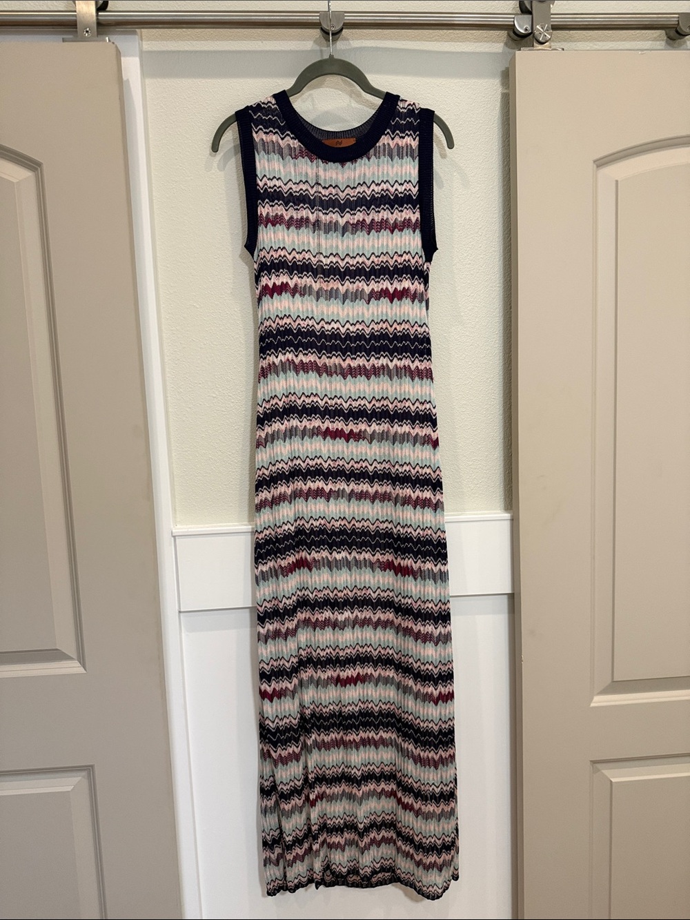 Missoni Sleeveless Chevron Knit Maxi Dress in Navy, Pink & Cream